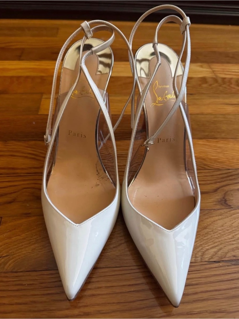 Christian Louboutin Cream Patent Pointed Slingback Pumps